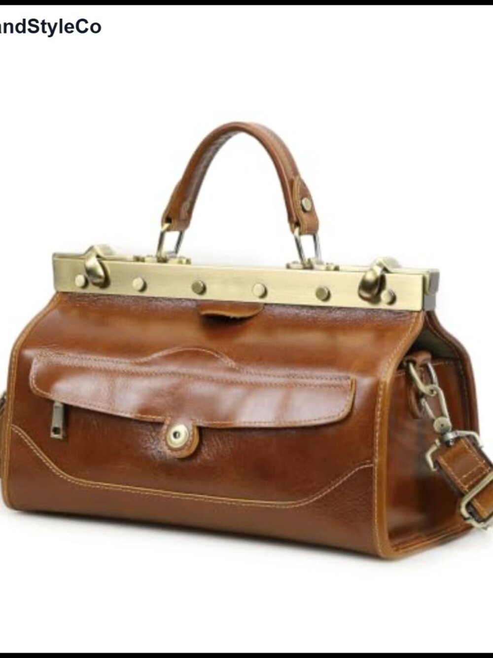 Full Grain Leather Doctor Bag Top Handle Handbag Detachable Strap
